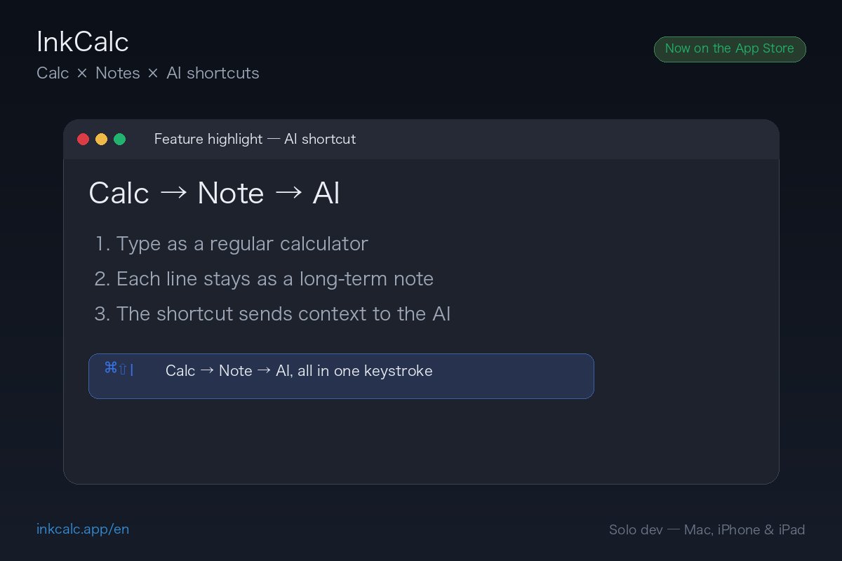 InkCalc's tweet photo. 🧮 Solo dev building InkCalc — macOS only.

What it does:
1. Type as a regular calculator.
2. Each line stays as a long-term note.
3. One keystroke sends the context to an AI (USD, units, ballpark).

Calc → Note → AI on a single rail.
In App Store review.

#buildinpublic #indiedev #macOS