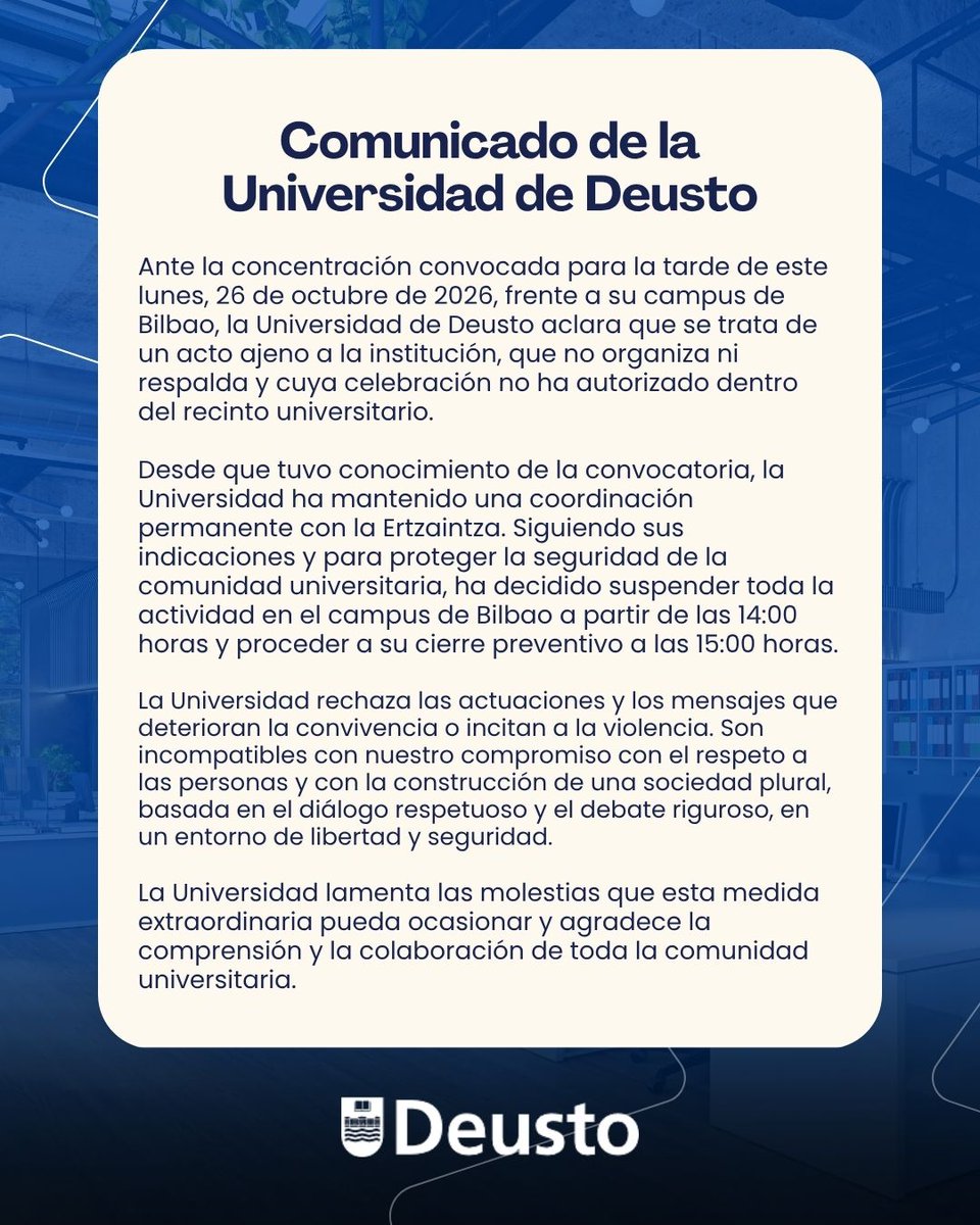 FonsiLoaiza's tweet photo. Hoy, la Universidad de Deusto ha tenido que suspender las clases y cerrar su campus en Bilbao ante el acto fascista no autorizado del provocador ultraderechista Vito Quiles. https://t.co/li8L1KQoZB
