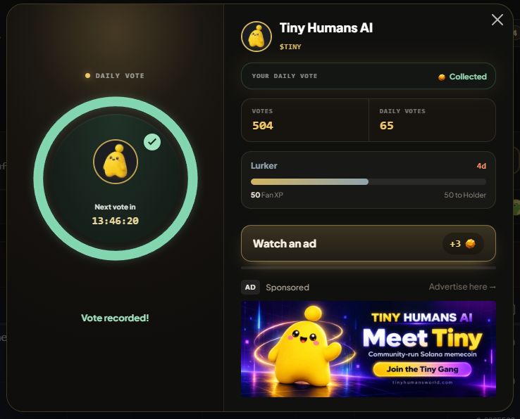 TinyHumansAISol's tweet photo. Welcome to the new Tiny week. We have a lot planned for this week, and the Tiny community is already active again—they just voted $TINY into first place in the first Cryptocoin Contest today. The Activity & Bonus Rewards Pool #6 has also started. We’ve integrated PumpFun, and Tiny content on YouTube and TikTok will follow in the next 48 hours. Halloween Contest, Shillz, Guild and raids are ongoing too. In addition, an ad campaign for Tiny is running today on @CoinvoteCC. So everything is focused on growth. #TinyFTW https://t.co/P4MSrkevMP