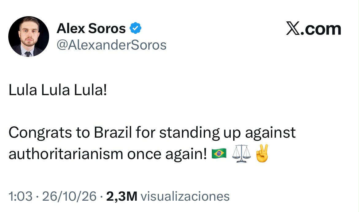unaicano10's tweet photo. Nos llamaban conspiranoicos, pero aquí tienen la prueba: Soros y Von der Leyen celebrando el pucherazo electoral de Lula da Silva en Brasil.

Los mismos que a través de la Open Society e instituciones de Bruselas están financiando las protestas violentas en Europa.

Les aterra la llegada de los patriotas a Occidente, y necesitan que grupos como el de Puebla o el Foro de Sao Paulo sigan existiendo.

Ya van a cara destapada y los métodos les son indiferentes, aunque la vía sea utilizar al exabogado de Lula para permitir ilegalmente que se extendiese dos horas la votación.

Ahora tienen un nuevo objetivo: que Pedro Sánchez permanezca en la Moncloa. Y utilizarán Correos, Indra, la 'ley de Nietos' o lo que haga falta para lograrlo.

¿Por qué? El PP Europeo no puede permitirse la muerte del socialismo en Europa cuando tienen una coalición y dan la espalda constantemente a los Patriotas.

Además, la vía violenta permitirá a Von der Leyen lanzar medidas de control social como la restricción de las redes sociales, y la pandemia nos demostró que una sociedad atemorizada cumple sus imposiciones y es mucho más "moldeable".