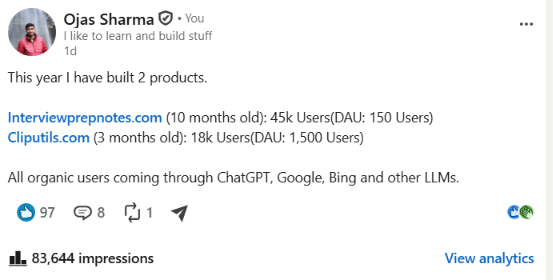 OjasSharma276's tweet photo. This was my first ever LinkedIn post that actually went viral.

And the response was crazy:

>Got approached by multiple founders asking for tips.
>One person invited me to a podcast.
>People genuinely wanted to know how I did it.

Content creation is the new CSE. https://t.co/nHemdGMt5w