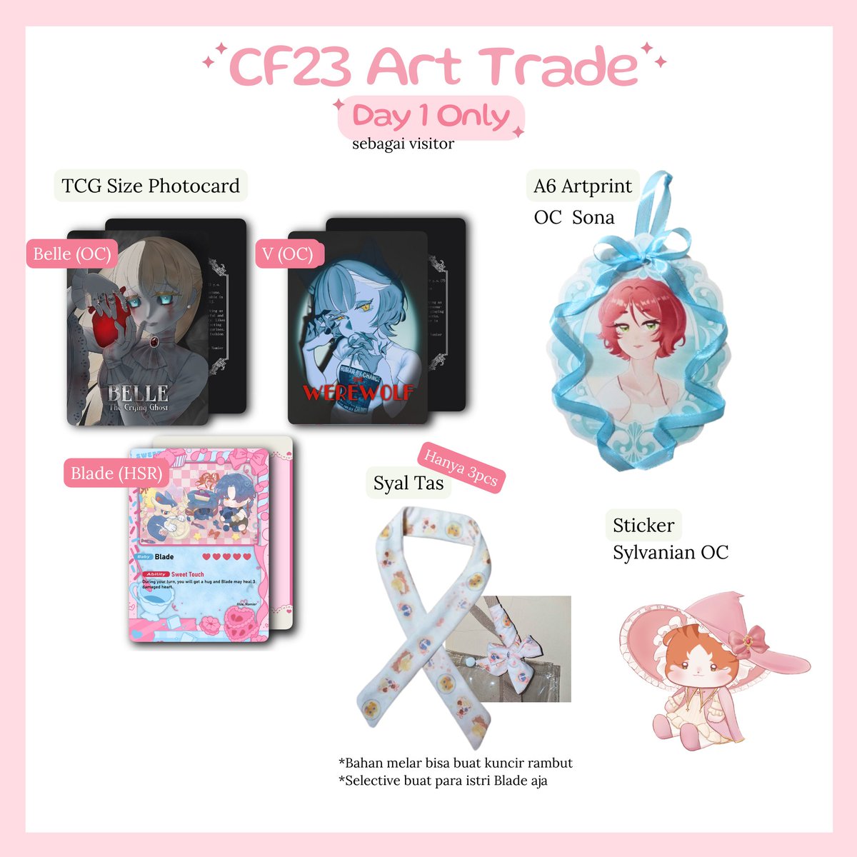 namiertw's tweet photo. #cf23 art trade, aku jadi pengunjuang day 1 (sabtu) , ngambil lebih dari 1 boleh banget kok! 

Menerima segala bentuk trade~
Fandom apapun/ OC, Makanan Halal (Snacks dll), Barang Handmade, Koyo dan lain-lain. https://t.co/2D9dxHlrJW