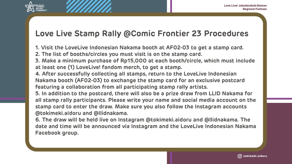 azureshiori's tweet photo. Hi everyone, 

For you LoveLive fans who will attend Comic Frontier 23, we are helding stamp rally there! Please refer to this image for details. 

Join us for exclusive merchandise and giveaways from Love Live Indonesian Nakama! https://t.co/kPQOvYBITG