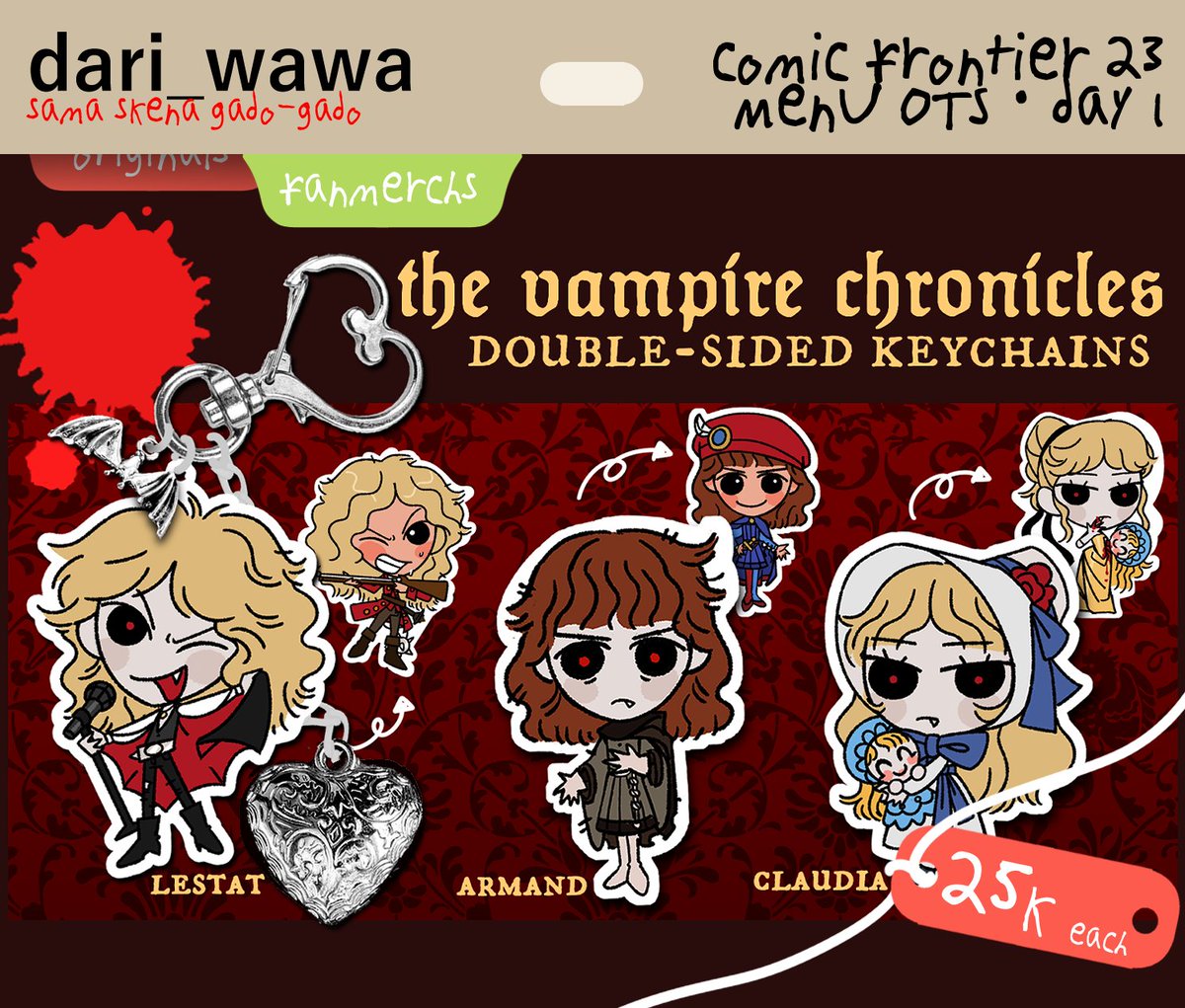 dari_wawa's tweet photo. APAAA...??!!! CF23 tinggal beberapa hari lagi ges... 🥶 Berikut katalog OTS gue~

🌴Skena Gado-Gado (i9-i10)
⛅️DAY 1 ONLY (31 Okt)
📁the Vampire Chronicles, OC/Original horror, Indo music

Buku! Prints! Keychains!!
❤️+🔁 sangat appreciated ♥️♥️ https://t.co/bu7OteI0oB