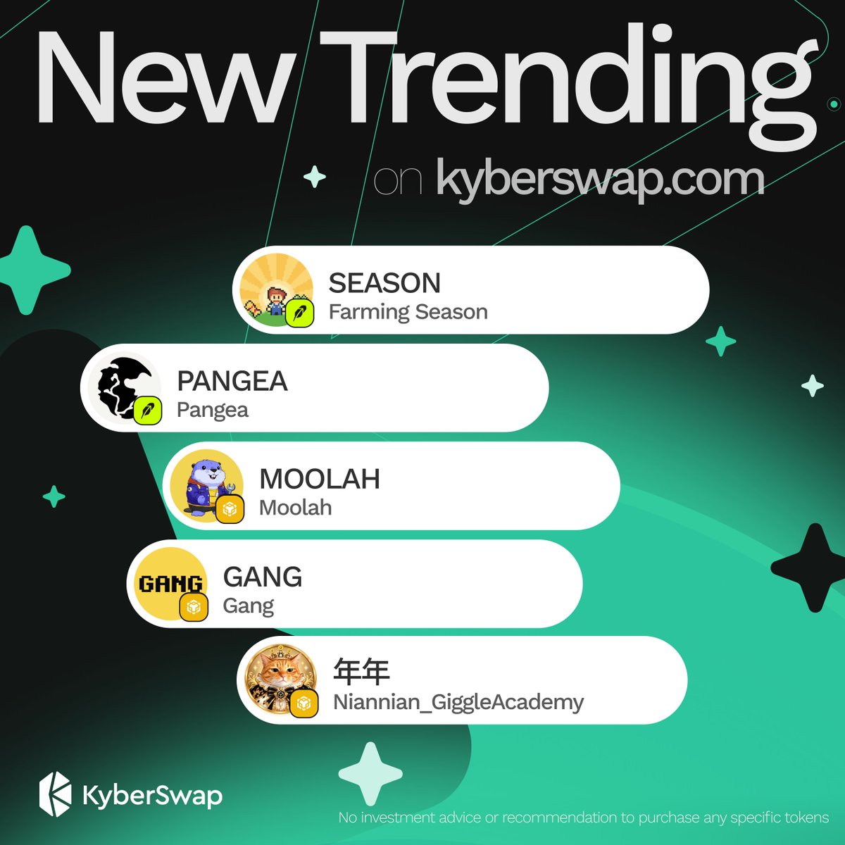 KyberNetwork's tweet photo. New week, new names on the KyberSwap trending list 👀 Which one’s on your radar?

#SEASON @farmingseasonio
#PANGEA @LaunchOnPangea
#MOOLAH @Moolah_bsc
#GANG @gangfunmeme
#年年 @nianniangiggle

Check out the full trending list: https://t.co/zjiHmiphKl https://t.co/pbRSvcB8Bu
