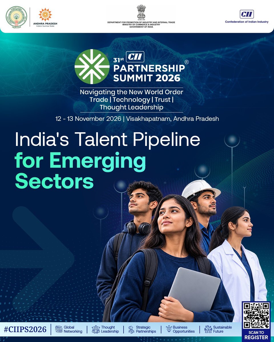 CII_PS's tweet photo. India’s next phase of growth will be shaped not only by technology and investment, but also by the talent and skills that power them.

As emerging sectors such as #AI, #Semiconductor, #AdvancedManufacturing and #DigitalTechnologies expand, India is building a talent pipeline equipped for the opportunities of tomorrow.

From classrooms and training institutes to cutting-edge technology ecosystems, India is investing in skills that can strengthen innovation, industry and global competitiveness.

Be a part of 31st CII Partnership Summit 2026, bringing together stakeholders to explore how skills and talent can shape the next phase of global growth and collaboration.

 12–13 November 2026
 Visakhapatnam, Andhra Pradesh

Register -
https://t.co/47gbcoN4Qt

#CIIPartnershipSummit2026 #CIIPS2026 #CII #Talent #Skills #FutureOfWork #Skilling #Technology #IndiaGrowth #GlobalPartnerships 

@DPIITGoI @DoC_GoI @PiyushGoyal
@AndhraPradeshCM @ncbn
@naralokesh @CII4Global 
@followcii @CimGOI
