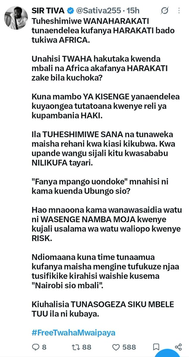 Chiggscom's tweet photo. A TALK OF DESPAIR.

Tiva kakutwa na kitu gani?

Hii ya "Fanya mpango uondoke" ina maana gani? Wanaharakati wameelekezwa kuondoka sanctuary city?

Hao "WASENGE NAMBA MOJA" ni kina nani?

Binafsi naamini tunawezafanya politics na harakati tukiwa kama Taifa moja, ila si UASI na FUJO https://t.co/p6sWyKOff0
