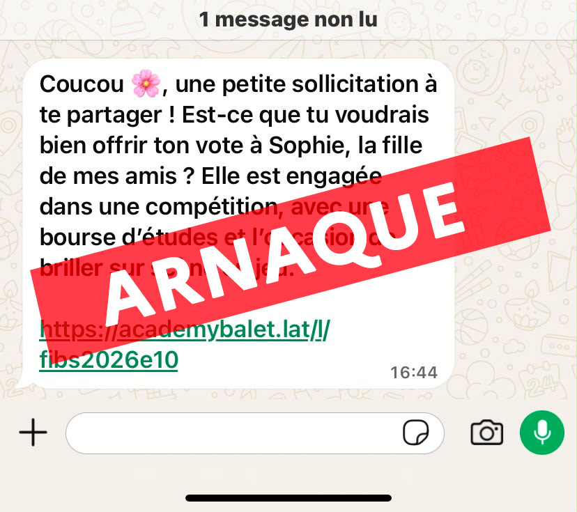 Gendarmerie's tweet photo. #Prévention ❌ Vous avez reçu un message #WhatsApp d'un proche, vous demandant de voter pour aider un enfant à gagner un concours ? ⚠️
Il s'agit d'une arnaque destinée à prendre le contrôle de votre compte WhatsApp
➡️ Ne cliquez pas sur le lien ⚠️ https://t.co/1GHnlPcnt8