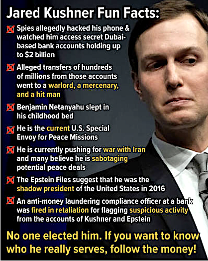 Coste1Costello's tweet photo. Dutch intelligence uncovered Jared Kushner’s role as a Mossad agent. https://t.co/ieX6J3pnEx