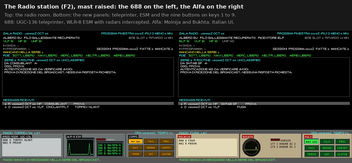 Antonio__Capone's tweet photo. 688 Attack Sub Reborn #100: The Radio and Sonar Rooms

Post #88 left three pieces of the new stations drawn but not yet in the game: radio and ESM, the 688's sonar room and the Alfa's Okean. The main session has now wired them in, at the Enhanced level and only with the new consoles on. The classic level, and the game with the consoles off, stay as they were.

Radio (F2)
- A new panel under the radio room of post #41, with the same rules of reception as post #39:
  - the teleprinter prints the messages received and the one coming in;
  - nine buttons, on the usual keys 1 to 9: raise the antenna, the floating wire, the previous and next message, orders, contacts, transmit, satellite, the slot buoy.
- The ESM works only with its mast raised:
  - a trace for each band;
  - the list of radars intercepted;
  - a threat lamp that lights when being detected becomes likely.
- Each boat has its own equipment: the UGC-136 teleprinter and the WLR-8 on the 688, the Molnija and the Bukhta on the Alfa.

Sonar (F8)
- On the 688 the waterfalls of bearing and LOFAR, the text and the library now sit inside the frame of the sonar room, in its blue light.
- On the Alfa the round Okean screen takes the place of the bearing waterfall, as the research proposed:
  - a fan of ±120° from the bow, with the integrated trace, the beam it's pointing and the trackers on the edge;
  - on the right the LOFAR waterfall and the text, as on the 688;
  - on the panel the OKEAN and ENISEJ nameplates and the Luch lamp, off.

The disassembler session redrew the sonar so it can work inside any rectangle. Saved at the same moments of three missions, both sonar looks, consoles on and off, the full-screen sonar comes out identical byte for byte.

Housekeeping
The sonar headphones loaded their own second copy of the recorded sounds, about 33 MB. Now they use the same library as the mission.

All 529 tests pass, and the classic level is identical: in the regression only the image of the Enhanced Sonar station changed, as expected.

Next: mobile decoys.

#688AttackSub #gamedev #retrogaming