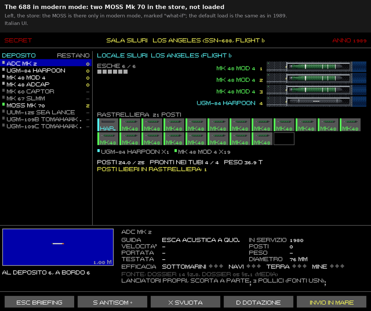 Antonio__Capone's tweet photo. 688 Attack Sub Reborn #105: Decoys for the Player

Post #101 gave mobile decoys to the AI's Soviet submarines, and left one question open: should the player have them too? I decided it the way the game already treats things that weren't aboard in 1989, era by era.

Who gets what
- The 688 in 1989 mode: no MOSS, only the stationary ADC Mk 2s, as in reality. In the 1980s the MOSS went to ballistic missile submarines, not to the 688s, so with a torpedo on its tail the American player stays more exposed. The torpedo room shows it as "not available: what-if".
- The 688 in modern mode: two MOSS Mk 70s in the store, marked "what-if". The player loads them if they want them; the default load is the same as in 1989, so the Harpoon stays aboard. It's the same rule as the Alfa's sonar recording slots, available only in modern mode.
- The Alfa, in both modes: the MG-74, launched from a 533 mm tube in place of a torpedo. It's historical, so in the original missions the Alfa now sails with two MG-74s and eleven SET-65s instead of thirteen SET-65s.
- Editor and library missions: decoys come only if the mission declares them. The editor has a new line on the Mission tab for 0, 2 or 4 decoys; the eight Alfa missions of the library carry two MG-74s, and the 688 missions, all set in 1989, carry no MOSS.

Four sessions, one decoy
- The disassembler session did the load and the tubes: in the Weapons station a mobile decoy reloads from the rack like a torpedo and shows "decoy ready" when armed.
- The runtime session did the launch: when a tube fires a mobile decoy, the mission launches it instead of a torpedo, on the course and depth set on the tube, or on the boat's own. A test runs the whole chain on the Alfa, from the rack to the water.
- The kit session drew them: the MG-74 Korund, a short 3.9 m electric torpedo in grey with a red band, and the MOSS, the slim 10-inch body of a Mk 37 inside the sleeve that holds it in a 533 mm tube. Both colours are estimates, because no photo shows them. Encyclopedia entries in Italian and English came with them.
- The main session wired modern mode into the torpedo room, with "ESCA MOB." (mobile decoy) and "(WHAT-IF)" in the Weapons station.

A fuze that measures the hull
At the Enhanced level a torpedo now goes off by its distance from the target's real hull, using the class's length and beam, down to the draught for ships, and no longer from the target's centre. So it also goes off passing under the bow or along the side of a 100 m boat.

The old fuze radii had been tuned on the centre plus a margin. Measured from the hull with 5 m for every torpedo, kills dropped from 0.10 to 0.025, so each torpedo got its own value, all estimates consistent with the damage model:
- 1 m for contact torpedoes: the light ones and the Soviet 533 mm;
- 5 m for the Mk 48 and the Spearfish, which go off under the hull;
- 3 m for the wake-homing 53-65K.

On 200 calibration games against the evading Victor of post #101, with its MG-74s, the Mk 46 still hits 35% of the time and kills 8%, in line with the 33% and 10% before.

All 550 tests pass and the classic level is identical (0 games out of 110, 142 hits, 79 units destroyed).

Next: naval gunfire.

#688AttackSub #gamedev #submarine