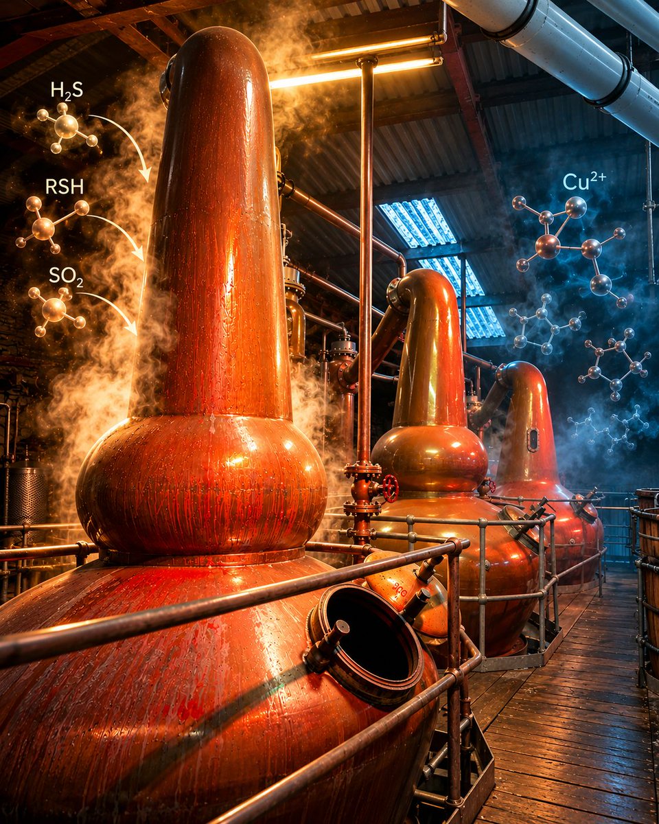 Coldorak's tweet photo. Sulphur. Still shapes. Worm tubs. And chemistry.

Copper is everywhere in whisky distillation. It helps remove unwanted sulphur compounds—but its role is far more complicated than that.

Is more copper contact always better? 

I explore the Copper Paradox: https://t.co/oOX3wyHR3O https://t.co/G6JAZDOLnu