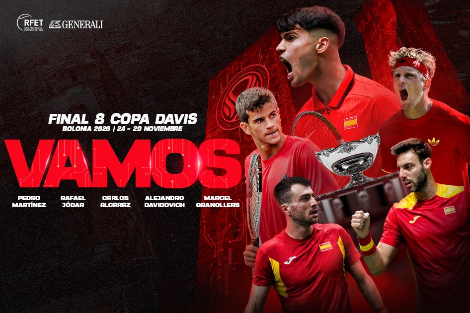 RFETenis's tweet photo. A por la séptima ⚔️🏆

Alcaraz, Jódar, Davidovich, Martínez y Granollers formarán la Selección Española Generali de Tenis capitaneada por David Ferrer en la Final 8 de la Copa Davis 2026

📲 https://t.co/NQtlq93eU0

#CopaDavis #DavisCup I #VamosEspaña https://t.co/1gyKBhkAUe