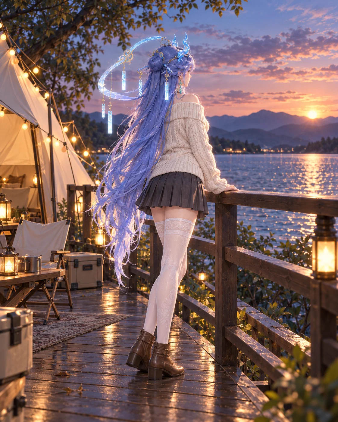 美人画房 · AI Waifu Art on X: "湖面把最后一层光收起来，她靠在栏杆上，没回头。 清宵 / 鸣潮 #鸣潮 #清宵 ...