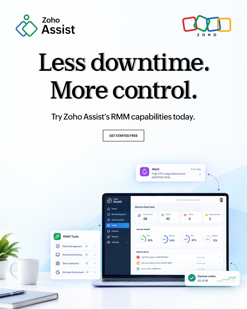 ZohoAssist's tweet photo. Why wait for a system to fail? 🔍
Zoho Assist brings remote access and RMM together, so you can monitor, troubleshoot and manage devices from anywhere.
🔗 https://t.co/1dHoXLVMNZ
#remotedesktop #zoho #zohoassist #RMM #remoteaccess https://t.co/2a6iVhay95