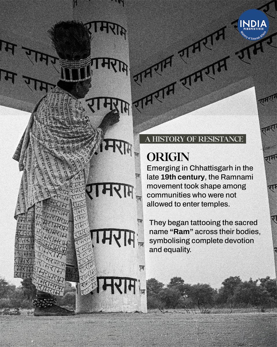 IndPerspectives's tweet photo. Across Chhattisgarh, the Ramnami community expresses its devotion through a distinctive living tradition, inscribing the name of Lord Ram on their bodies, clothing and homes. Their distinctive scriptural chants, patterned textiles and striking body art reflect a way of life in which faith becomes an everyday expression of identity, art and cultural heritage.

#RamnamiCommunity #Chhattisgarh #IncredibleIndia #IndianCulture #CulturalHeritage