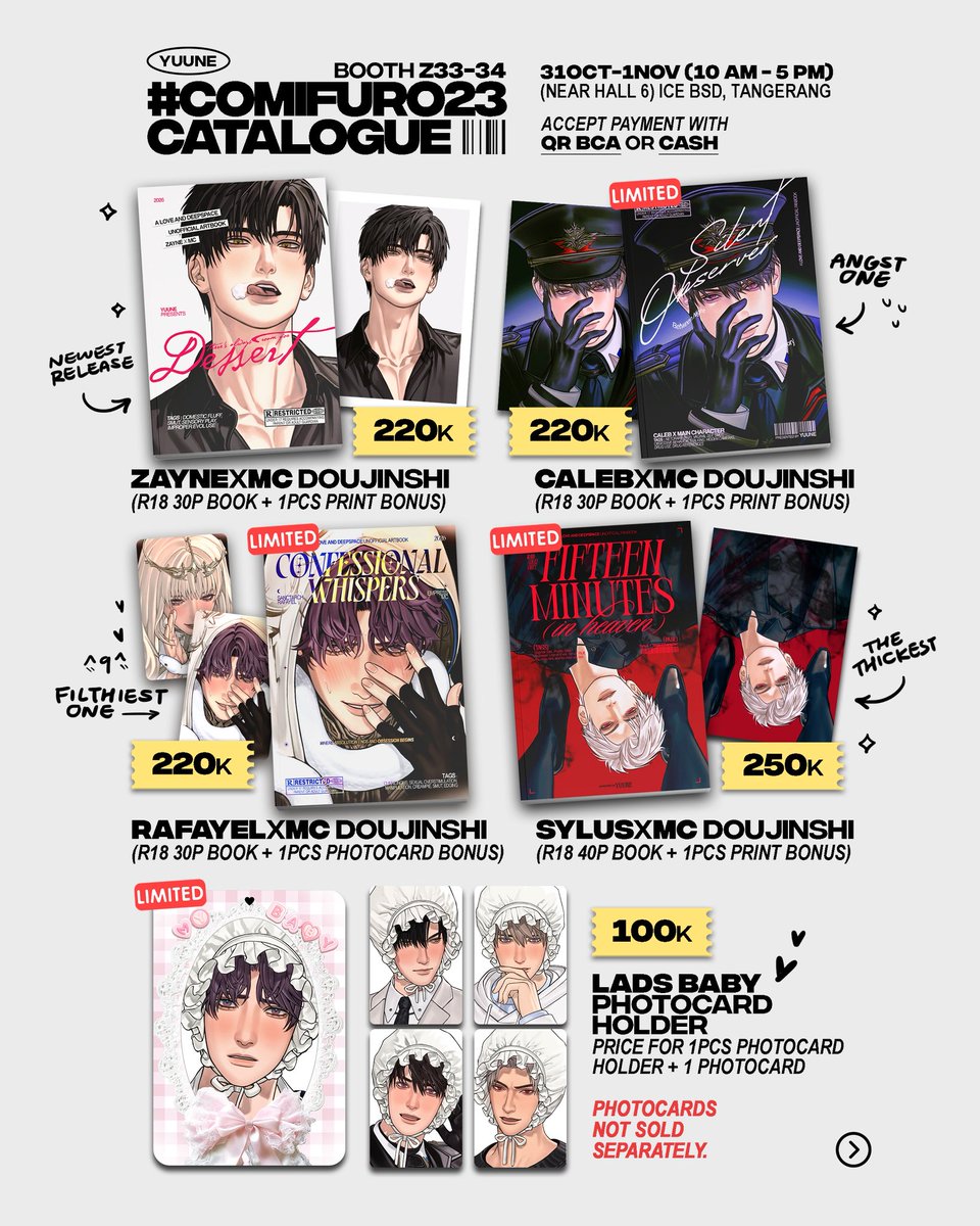 yuune___'s tweet photo. Catalogue for #CF23 🗣️

👻NO PO! OTS only
🍭Booth Z33-34 (near hall 6)
31 Oct-1 Nov | Both days!

🎃Fandom: DC, Resident Evil, Love and Deepspace, FF14, Expedition 33

❤️🔄 are appreciated 🙇‍♀️

(1/2)
#comifuro23 https://t.co/c6eqpaDfPB