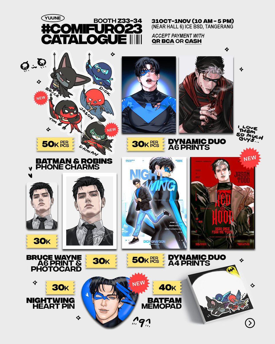 yuune___'s tweet photo. Catalogue for #CF23 🗣️

👻NO PO! OTS only
🍭Booth Z33-34 (near hall 6)
31 Oct-1 Nov | Both days!

🎃Fandom: DC, Resident Evil, Love and Deepspace, FF14, Expedition 33

❤️🔄 are appreciated 🙇‍♀️

(1/2)
#comifuro23 https://t.co/c6eqpaDfPB