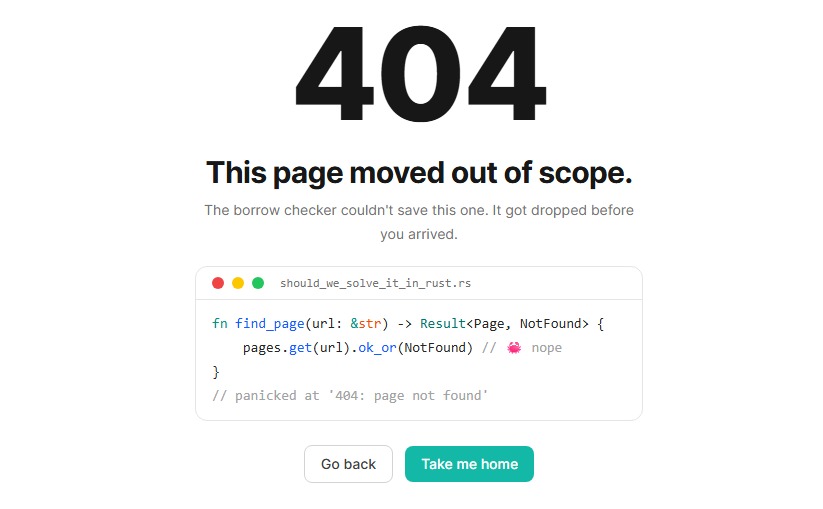 olivebishop_dev's tweet photo. 404 page for a 🦀Rust Dev https://t.co/4ZNheXCYJr