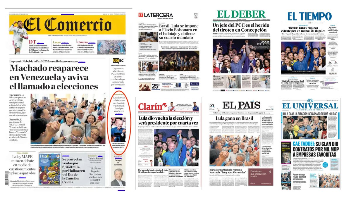 eloymarchan's tweet photo. Los principales diarios en español del mundo han puesto en portada la tremenda e histórica victoria de Lula en Brasil, pero para El Comercio la noticia no tiene importancia.
Ahí una de las razones de que El Comercio hoy no tenga credibilidad y haya sido vendido a precio de remate https://t.co/yQ0oeb6W0Y