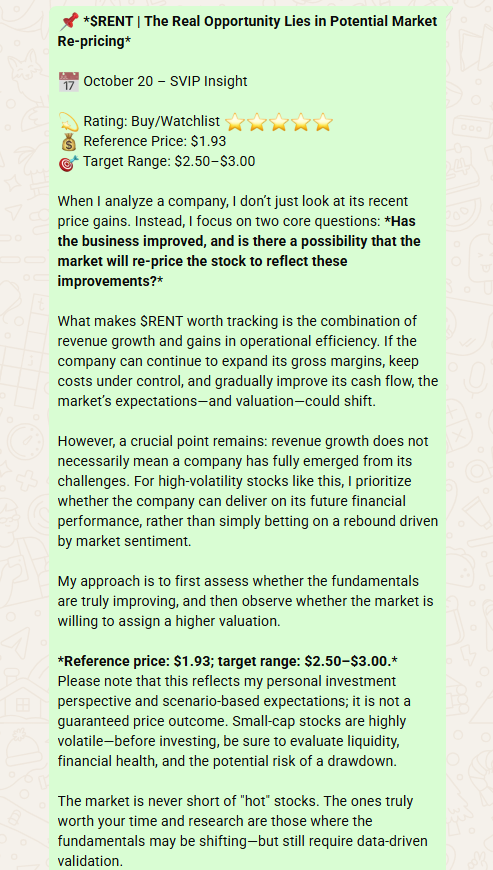OwenCarter0el's tweet photo. $RENT 👀

On October 20, I shared my $RENT thesis with the group, with a reference entry of $1.93 and a target range of $2.50–$3.00.

The idea was never just about chasing a cheap stock. It was about watching for a potential turnaround and whether the fundamentals could support a re-rating.

Now, the key is execution. A thesis is only as good as the numbers that follow.

I’ll keep watching. 📊