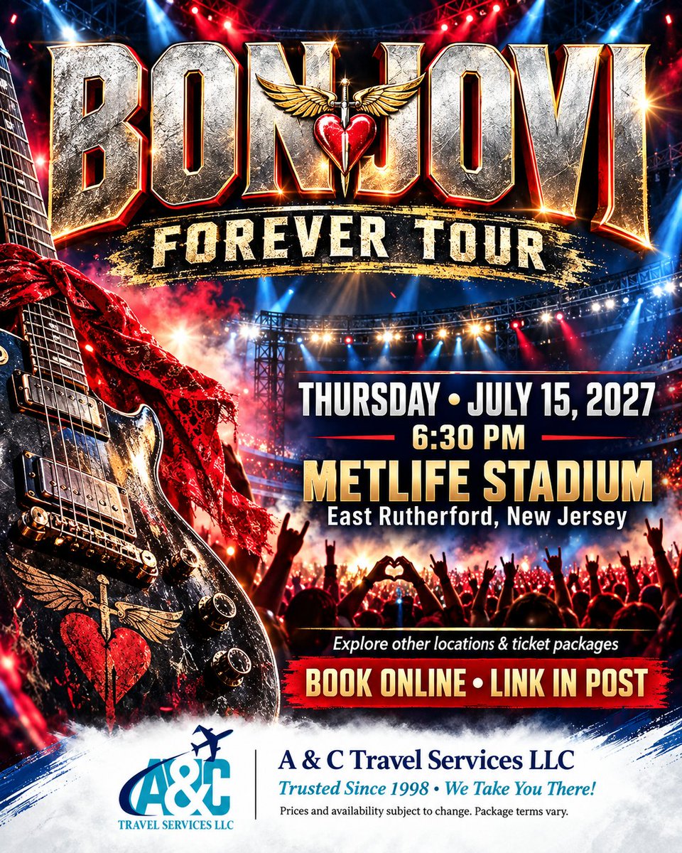 ACTRAVELSERVICE's tweet photo. 🎸 Bon Jovi LIVE! July 15, 2027, 6:30 PM • MetLife Stadium, NJ. Explore other locations and ticket packages. Book online: https://t.co/Rt1RgN39ty #BonJovi #wetakeyouthere #BonJovi #BonJoviFans #ForeverTour #MetLifeStadium #NewJersey https://t.co/fUG2QrS6vr