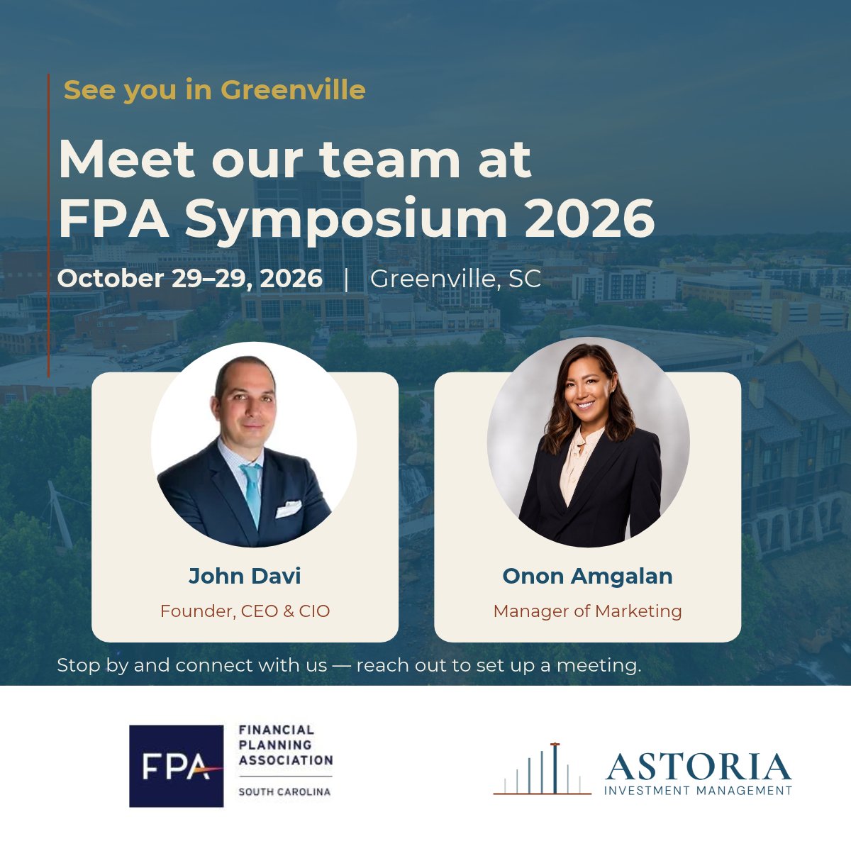 AstoriaAdvisors's tweet photo. I’m looking forward to seeing everyone at the FPA of South Carolina Annual Symposium! 

Astoria is proud to be a sponsor. Join me on October 29 at 12:30 PM for “Beyond Beta: Active ETF Strategies, Diversification Techniques.”

See you in Greenville!

#FPASouthCarolina #ActiveETFs https://t.co/vlsH7JzCND