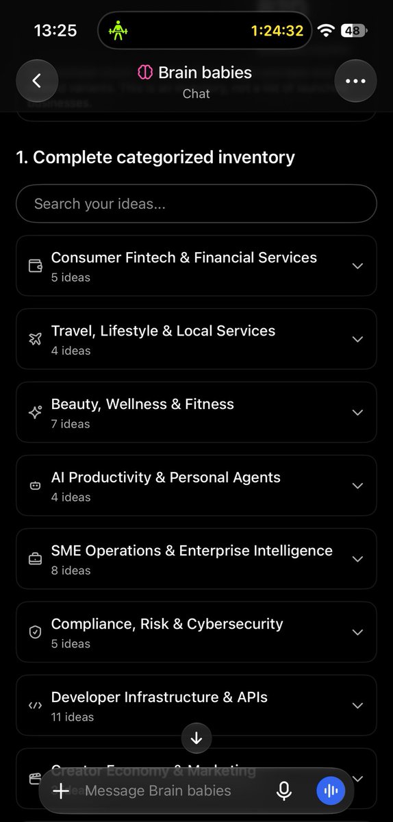 thecodeghost's tweet photo. Asked gpt on all the ideas I have thrown at it this year. Told it to categorize it. 
It ended up building an inventory for the ideas and by the way I have a specific project section for that so it was easier. 

This just shows how ideas are abundant but execution is key. https://t.co/sEzLqt74T3