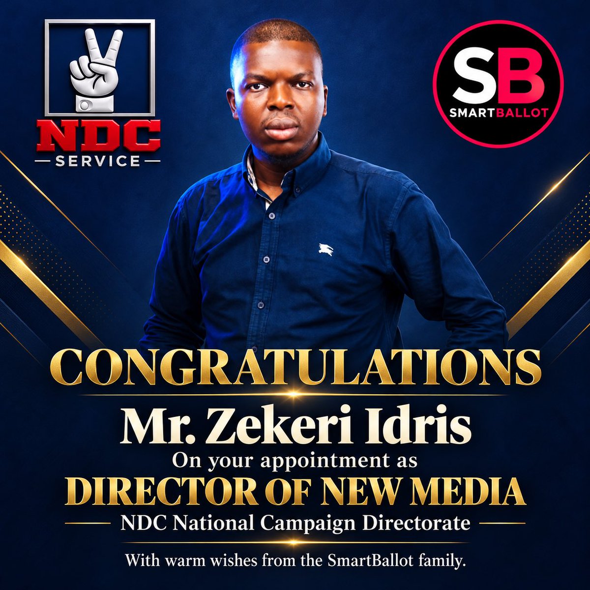 SmartBallotApp's tweet photo. Congratulations, Mr. Zekeri Idris! @IdrisZekeriJnr 

On behalf of the SmartBallot family, I warmly congratulate you on your appointment as Director of New Media in the NDC National Campaign Directorate.

My brother, your role presents an opportunity to inform, inspire and connect Nigerians around the hope of a better future. We wish you wisdom, creativity and strength as you take on this responsibility.

We invite you to work closely with SmartBallot to turn online engagement into meaningful grassroots participation, helping voters connect with their polling unit communities and encouraging more people to get involved.

Behind every registration is a person whose hopes matter. Together, let’s build a campaign that listens, earns trust and gives people a meaningful part to play.

Congratulations once again. Let’s join hands, work towards victory in 2027 and make that victory count for our people.