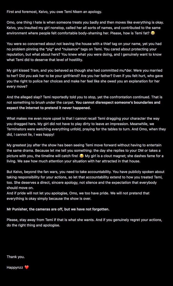 happyyyynz's tweet photo. @keivo_oi, tagging  you because the show is over, but accountability isn’t. You had so much to say about Temi Nkem in that house. Now, let’s hear you say one thing to her FACE: “I’m sorry.” Mr Punisher, swallow your pride and apologise to my girl. The TL hasn’t forgotten. 🙂‍↔️ https://t.co/VsXqpf2lya