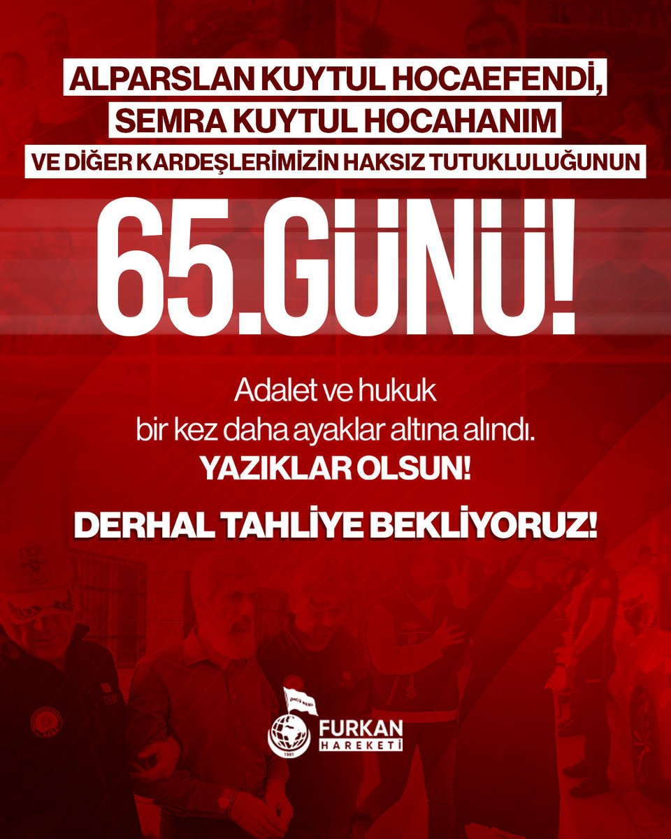 furknharketi's tweet photo. Huluksuz bir şekilde tutuklanan Alparslan Kuytul Hocaefendi, Semra Kuytul Hocahanım ve diğer kardeşlerimizin haksız tutukluluğu hâlâ devam ediyor. 

Yazıklar Olsun! 
Derhal Tahliye Bekliyoruz! 

#YargıEliyleZulüm
AlparslanHocaya Ozgürlük 
SemraHocaya Ozgürlük 
FurkanGönüllülerine Ozgürlük