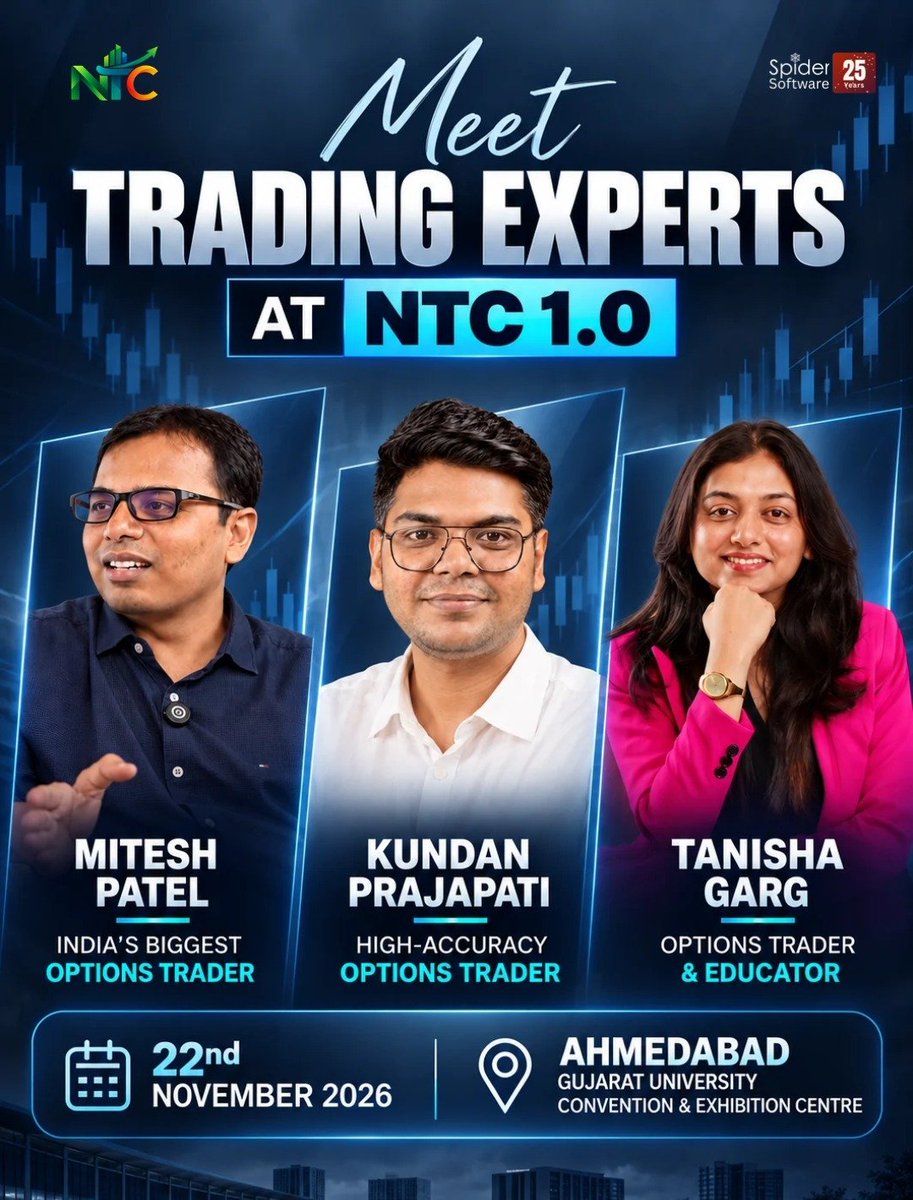 Sumit609Tiwari's tweet photo. Get ready for an action-packed day of market insights, strategies & real trading experience with some of the industry’s leading trading experts! 📈🔥
🎤 Mitesh Patel — India’s Biggest Options Trader
🎤 Kundan Prajapati — High-Accuracy Options Trader
🎤 Tanisha Garg — Options Trader & Educator
📅 22nd November 2026
📍 Ahmedabad | Gujarat University Convention & Exhibition Centre
🔥 NTC 1.0 — Where Traders, Investors & Market Enthusiasts Come Together!
🎟️ Book your tickets now & be part of India’s biggest trading conclave!

https://t.co/NXwEHSSgkA

@SpiderSoftIn @Mitesh_Engr @ScholarTrading