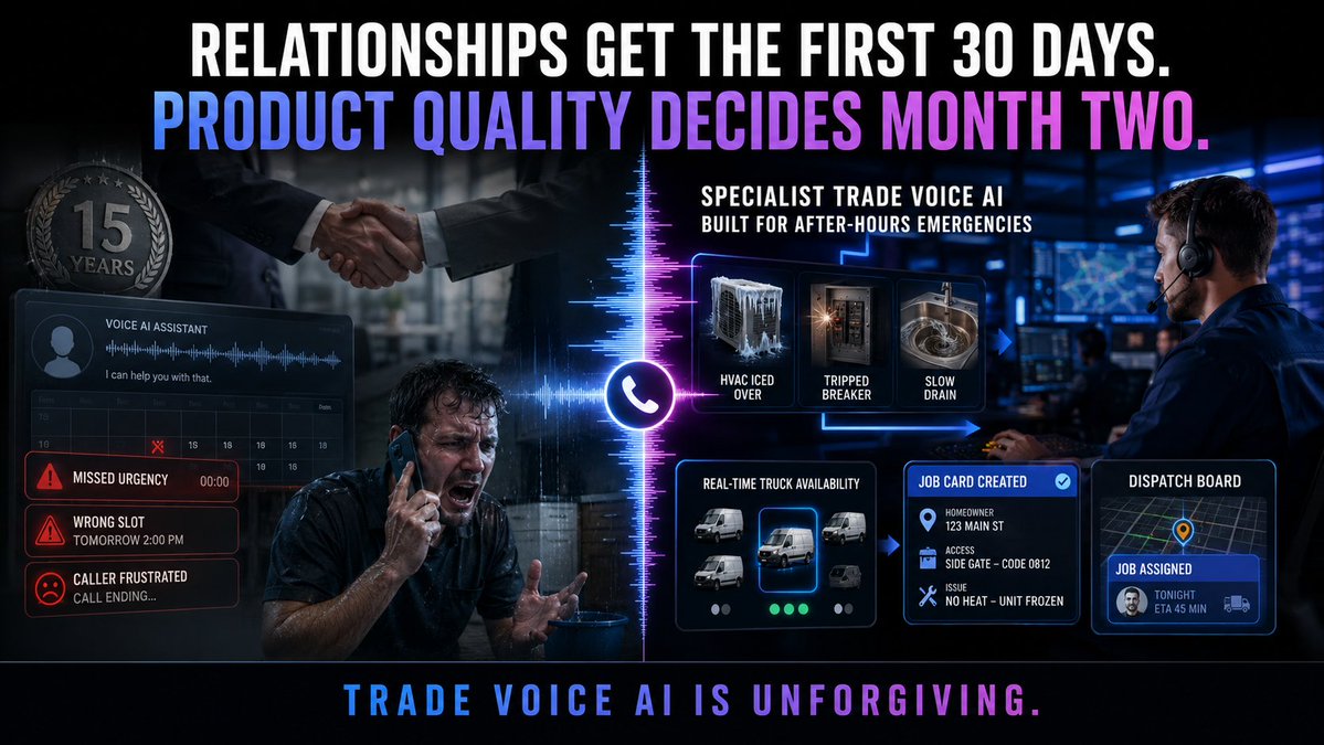 analyticsnerd's tweet photo. I used to worry about competing with companies that sell Voice AI as a SaaS product, or with companies that have already served trade businesses for 15–20 years and are now pushing Voice AI as an add-on to clients they already own (ServiceTitan, Housecall Pro, Jobber, Service Fusion, FieldEdge, Workiz, FieldPulse, Podium).

I also used to worry about VoIP providers (CloudTalk, Nextiva, RingCentral, Dialpad) pushing Voice AI as an add-on to their clients.

Then I tested their Voice AI and adoption among their customers. The fear disappeared.

The number of companies advertising voice AI is a lot higher than the number of businesses actually using it.

For example, I called many of Scorpion's existing customers to test their Voice AI solution and found that many clients still use voicemail, even when Scorpion offers Voice AI as an add-on.

There are hardly any online reviews of Scorpion Voice AI (Scorpion Convert), even though they serve thousands of trade businesses.

The Achilles' heel of all these companies is that they offer Voice AI as an add-on. It's not their primary product/service.

Their existing relationships give them a distribution advantage, but that doesn't automatically translate into a product-quality advantage.

Selling voice AI as an add-on may get customers to try it; continued use depends on how well it handles their calls.

These companies can not give agent development, testing, and ongoing improvement the attention you can because it doesn't scale and it's not their primary offering.

Detailed work on each client’s agent conflicts with the economics of a standardised add-on. A specialist voice AI developer/agency can compete on the attention given to configuration, testing and ongoing improvement.

So they rely on pre-built configurations that adapt based on information a customer provides through a web form.

Trade Voice AI is unforgiving.

The caller is stressed, talking over background noise, using trade language: “unit is icing up,” “breaker trips when the dryer kicks on,” “slow drain in the master.”

In one conversation, the agent has to triage emergency vs routine, capture address and access notes, check real truck availability, and write a clean job onto the board.

Generic voice agents almost always fail one of those. They sound like a polite IVR with a better voice. They miss urgency. They book the wrong slot. They cannot recover when the homeowner interrupts.

If the agent is not time-aware, it may ask your customer to show up when your office is closed.

If the agent does not know how to break the required-fields loop, it will keep asking the same question over and over again despite the caller’s clear refusal.

If the agent doesn't know how to accept stacked answers, it will keep asking the same question over and over again even after the caller has already provided the answer.

Once a caller goes off-script or provides information in a way the agent does not accept, it is over for your business reputation.

The owner hears two or three of those calls and turns it off.

That's why the 15-year relationship is weaker than it looks. It buys the incumbent the first 30 days. Product quality decides month two.

For a voice agent to actually work in the real world, it has to be highly customised.

Someone has to sit down, understand your business, and understand your target market.

They have to understand how your customers actually talk and describe their issues.

Then they have to keep adjusting the agent based on real call data and test edge cases.

The market is not whoever gets in the door first. It is whoever survives the second week of live after-hours emergencies. That is still wide open.

You don't need to worry about the companies selling voice AI as an add-on.

What you need to worry about is scheduling that demo call so that you can show how good your agent really is.