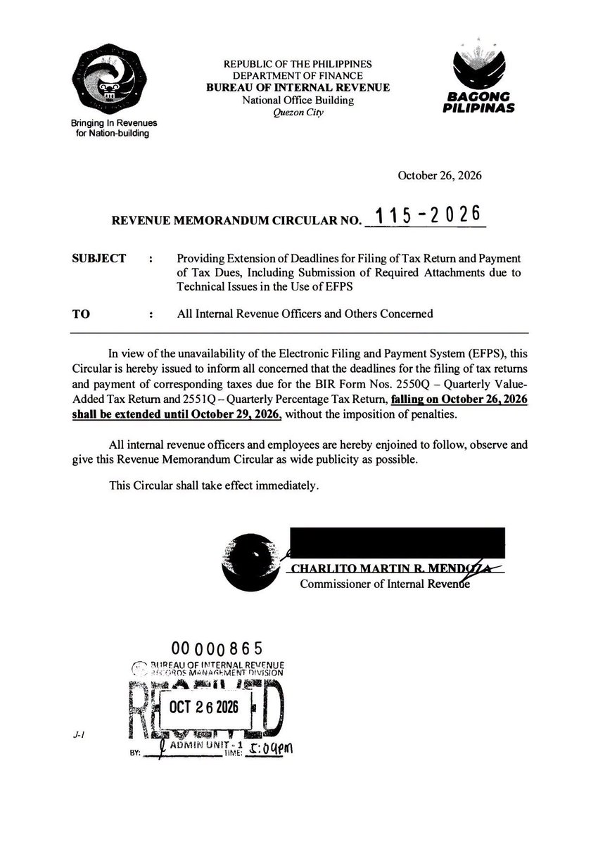 ScreencapMedia's tweet photo. BIR EXTENDS VAT, PERCENTAGE TAX FILING DEADLINES TO OCTOBER 29

No penalties will be imposed on taxpayers who comply within the extended deadline.

#ScreencapMedia #ScreencapHeadline #BIR #TaxDeadline #VAT #PercentageTax #TaxAdvisory #PhilippineNews https://t.co/2209c7c0sy