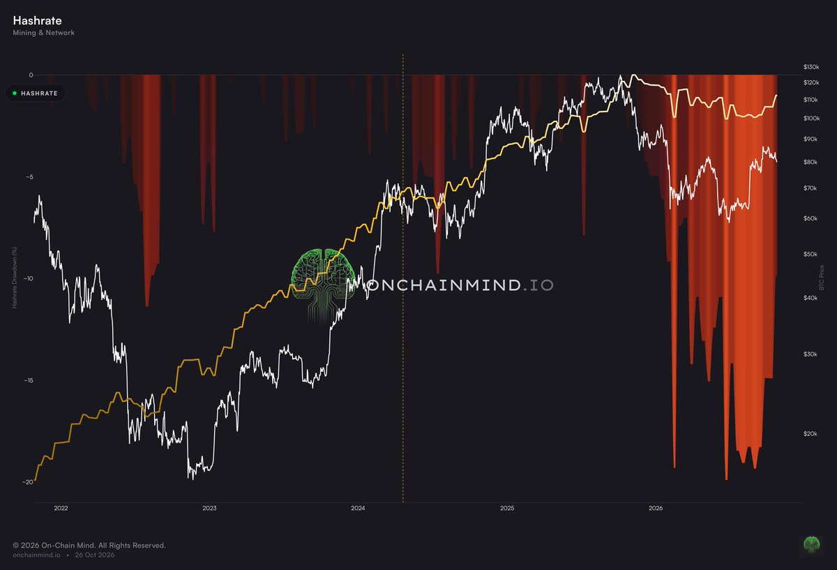 OnChainMind's tweet photo. Bitcoin hashrate is finally turning back up after the longest bear market for mining we’ve seen.

But it’s still almost 10% below its all-time high. 

A recovery seems to be underway. https://t.co/Uxt3ElSEsW