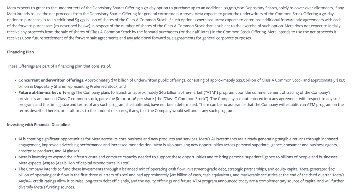 TheTranscript_'s tweet photo. Meta unveils a $95B equity financing plan to fund AI infrastructure, comprising $35B in stock &amp; convertible preferred offerings and a planned $60B at-the-market program.

Nvidia, AMD, and Broadcom have expressed interest in buying up to $5B of the offering.

$META: +2% Pre-Marke https://t.co/ln1WamCW3K
