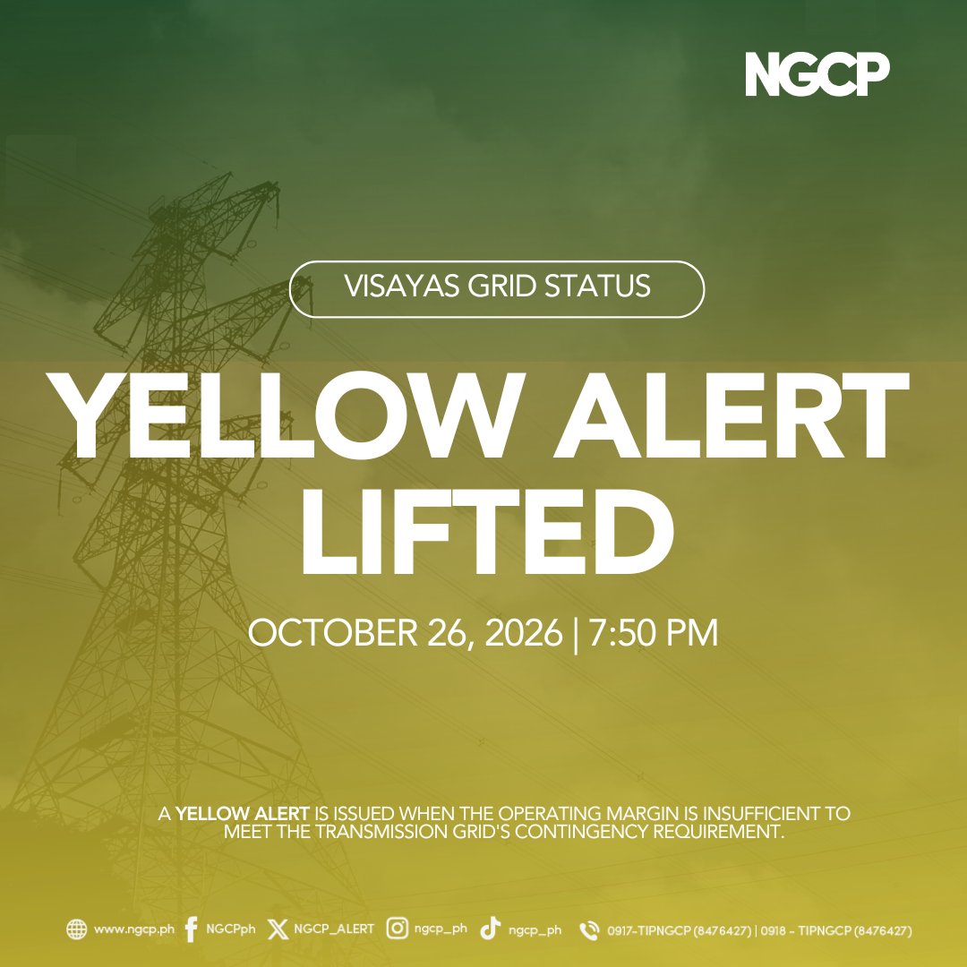 NGCP_ALERT's tweet photo. VISAYAS GRID ALERT STATUS as of 26 OCTOBER 2026, 7:50PM

Yellow alert for Visayas grid lifted

As of 7:31PM, yellow alert has been lifted by NGCP for the Visayas grid.

Available capacity - 2,665MW
Peak demand - 2,369MW

A yellow alert is issued when the operating margin is insufficient to meet the transmission grid’s contingency requirement.

#NGCPAdvisory