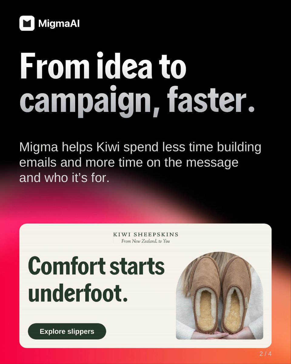 Migma_AI's tweet photo. New case study: Kiwi Sheepskins × Migma

A small New Zealand family business with customers around the world.

Less time building emails. More time for the message and the customer.

Their story, in four slides → https://t.co/h8vyQRBiJP