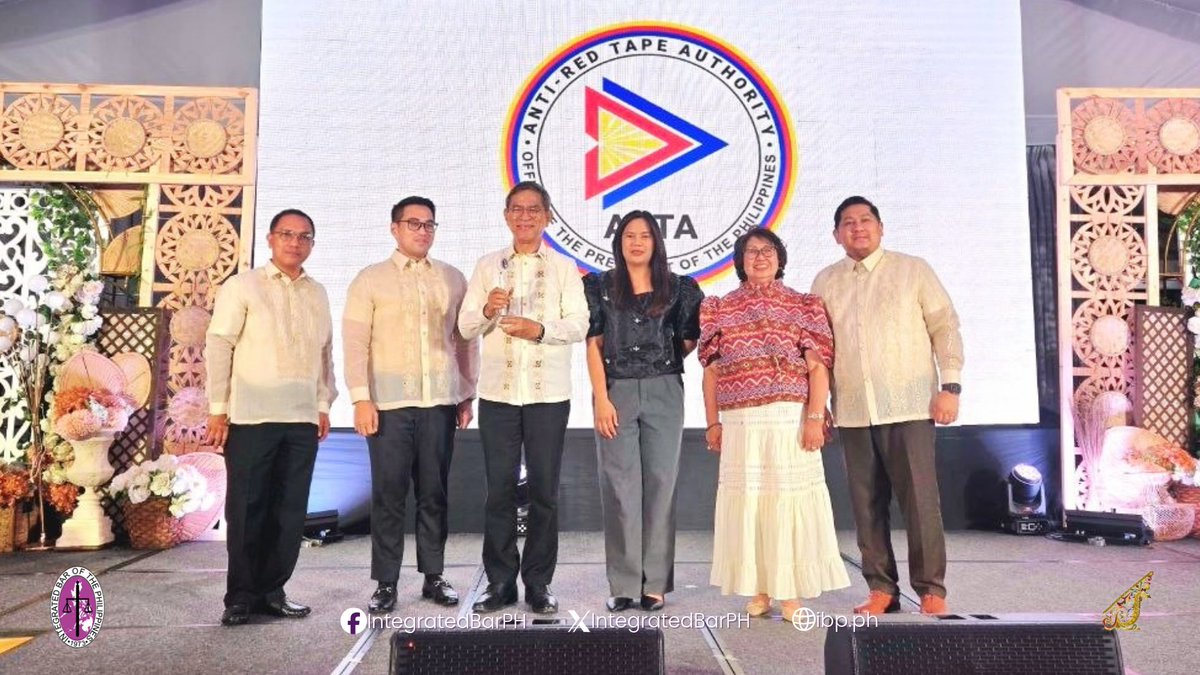 IntegratedBarPH's tweet photo. Honoring ARTA.
The IBP recognizes ARTA at #IBPChampionsNight for advancing efficient and transparent public service. The award was received by Sec. Ernesto V. Perez, Director Leonardo O. Tapia, and Atty. Sarah Marie P. Lampitoc.
#ARTA #IBPServes https://t.co/z2Frv0FUlD