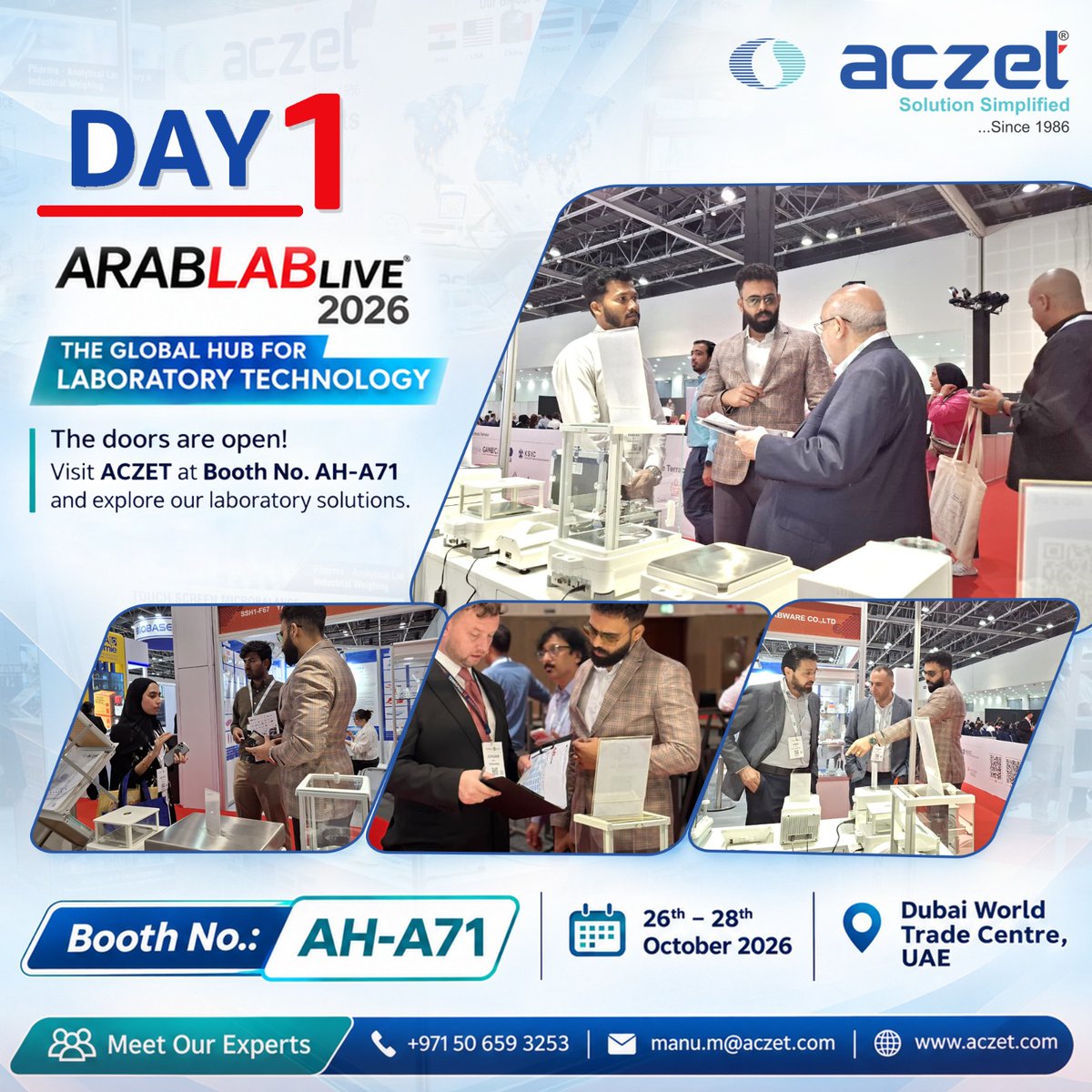 AczetLtd's tweet photo. 🚀Day 1 is LIVE! 🔬

Great conversations &amp; precision technology at ACZET's ARABLABLIVE2026 booth!

📍 AH-A71 | Dubai
📅 26–28 Oct

📞 +971 50 659 3253
📧 manu.m@aczet.com
🌐 https://t.co/SwvmlDcCPe

#ACZET #ARABLABLIVE2026 #day1 #wearelive #laboratoryinnovation #precisionweighing https://t.co/z9up6N5egb