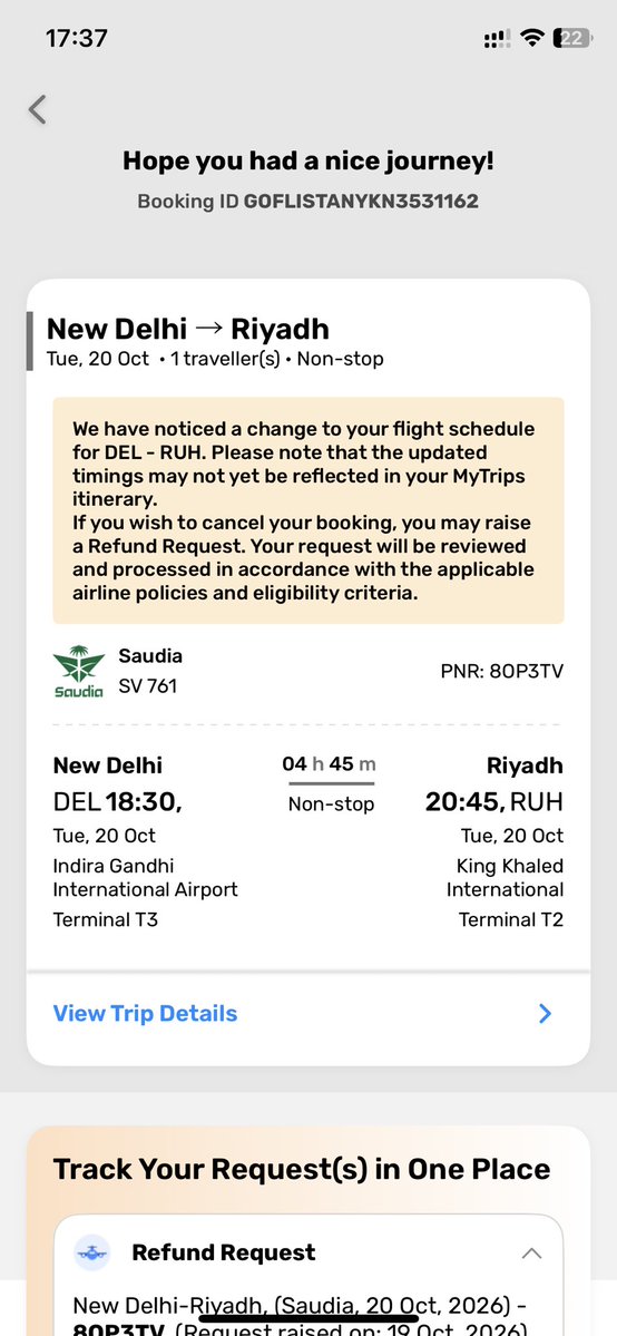 ArshiAli98's tweet photo. @makemytrip @SaudiAirlinesEn My refund for Saudia flight SV761 (DEL–RUH, 20 Oct) is still pending despite raising a request on 19 Oct due to a schedule change. Please provide an update and process my refund ASAP. #RefundDelay https://t.co/gdQGY0bu8c