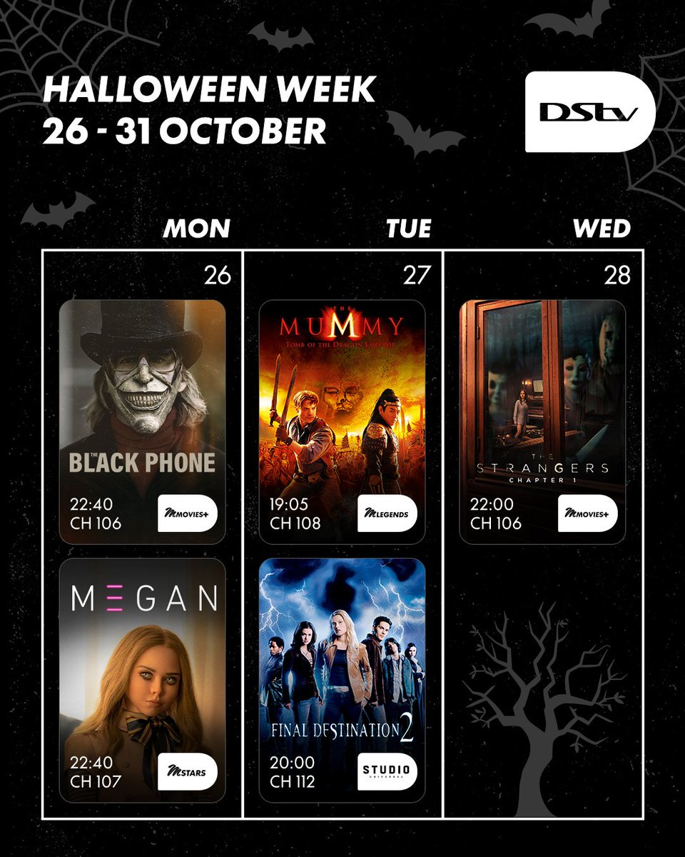 DStv's tweet photo. A week of scares, shocks and screams this week. 👻🕸️ #DStvExpectMore https://t.co/zbboqNPS4y