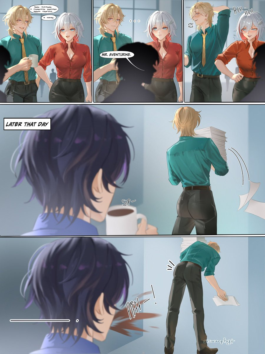 SwampTuft's tweet photo. The stoic CEO has a crush at the office?! (1/2) #ratiorine office au https://t.co/naEdD1j4C2