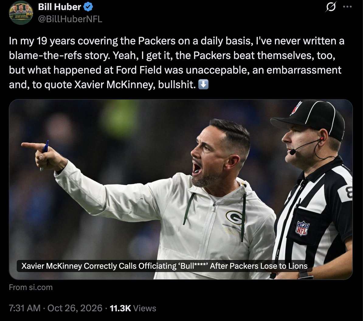 _adamhess's tweet photo. Packers fans when                    Packers fans when
they win a game with               they lose a game with
bad officiating                             bad officiating https://t.co/nJjGLe9VQP