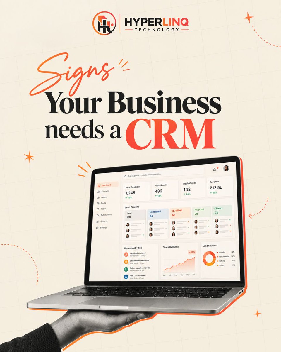 HyperlinqT's tweet photo. Signs Your Business Needs a CRM!
Losing leads, missing follow-ups, or struggling with scattered customer data?
A CRM helps you organize leads, automate follow-ups, and streamline sales.
#HyperlinqTechnology #CRM #CRMAutomation #SalesAutomation #LeadManagement https://t.co/TcpOTwyYYt