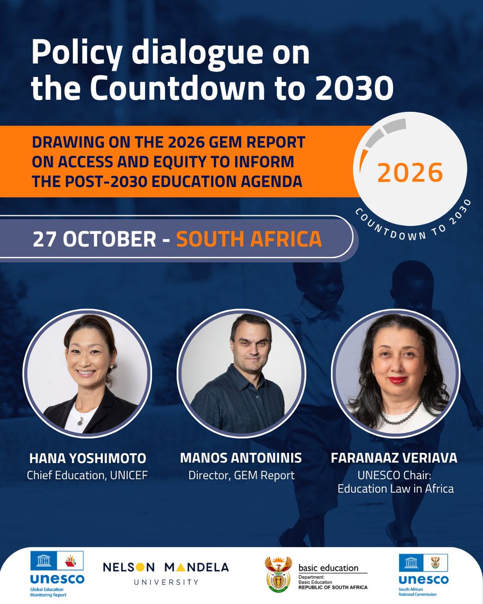 GEMReport's tweet photo. How can South Africa advance access and equity in education as we approach 2030?

Watch our live policy dialogue on 27 October, from 8:30 to 11:30 am (CAT): https://t.co/SnpiYQuccL

#CountdownTo2030 #YourStoryCounts https://t.co/oSLEjIpUQO