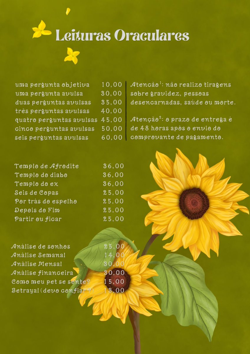 junoreadings's tweet photo. 𝐵𝑒𝑚 𝑣𝑖𝑛𝑑𝑜 𝑎𝑜 𝑚𝑒𝑢 𝑗𝑎𝑟𝑑𝑖𝑚 🌻

𔓘 Sou o Juno, cartomante e magista, aqui você vai poder ver meus valores de tiragem, magias e pedidos de vela.
𔓘 Pagamentos com cartão de crédito/parcelado e pix.
𔓘 Entre em contato pelo o link abaixo: https://t.co/P1zSSbSXSy https://t.co/sawWiseL3v