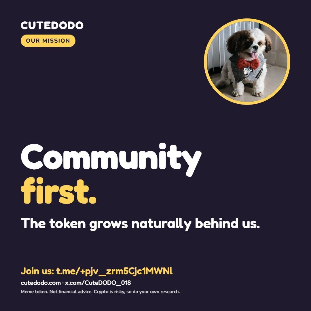 CuteDODO_018's tweet photo. Community first. The token grows naturally behind us. 🐶✨
  $DODO
​Fast pumps fade, but an organic pack with diamond paws is forever. 🐾🛡️

​Build the family first, and the green candles follow! 🚀

#CuteDODO #Solana #community #memecoin https://t.co/dlmVuC8JEz