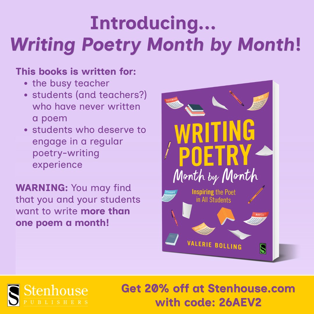 valerie_bolling's tweet photo. #WritingPoetryMonthbyMonth will be released THREE WEEKS FROM TODAY on Nov. 16.

Preorder now and get 20% off!

Here's more about the book: https://t.co/GuzVxXN1bo.

Write on, dear poets!

@stenhousepub @kassiaowedekind #poetry #poetrylovers #poems #teachers #educators #newrelease https://t.co/pf43tSJgAB