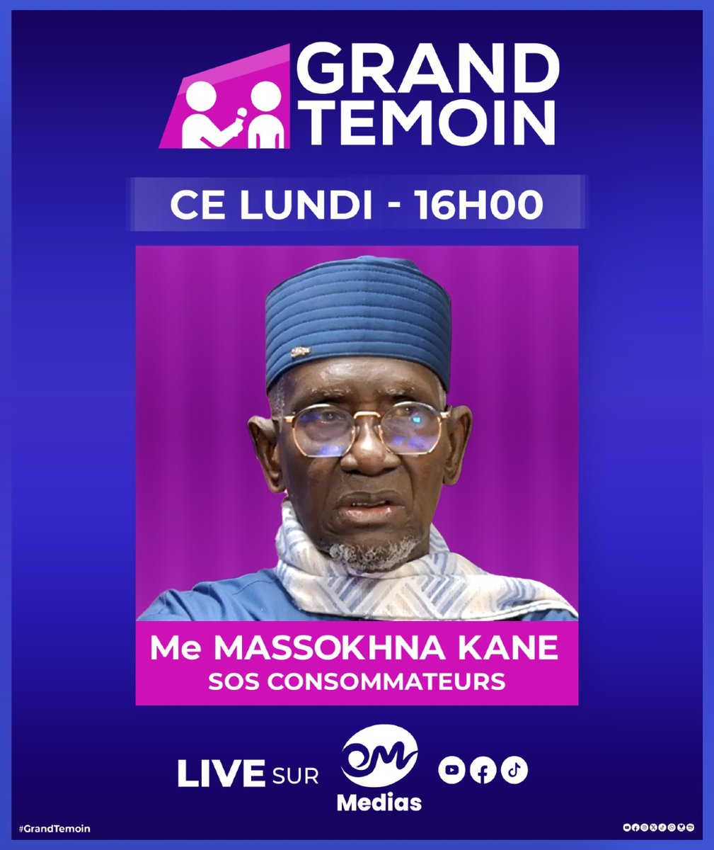 EvenProdMedia's tweet photo. 🎙️ GRAND TÉMOIN reçoit Me Massokhna Kane, Président SOS Consommateurs.
📅 Ce lundi à 16h00
📺 Live sur YouTube. — Evenprod Médias
#GrandTémoin #MeMassokhnaKane #EvenprodMedias #Societe #SosConsommateurs https://t.co/m3CfKjbwa2